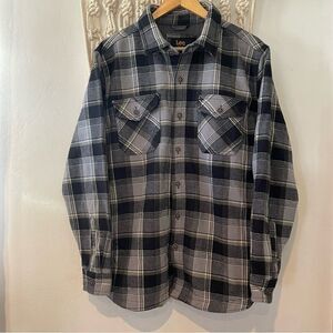 Lee Men's Thick Heavy Shirt SZ Large Flannel Shacket Button Up Black & Gray